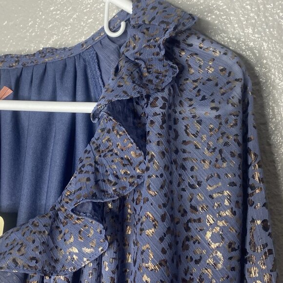 Entro Top Ladies Blue w/ Metallic Gold Leopard 3/4 Sleeves Ruffled V Neck - Picture 6 of 13